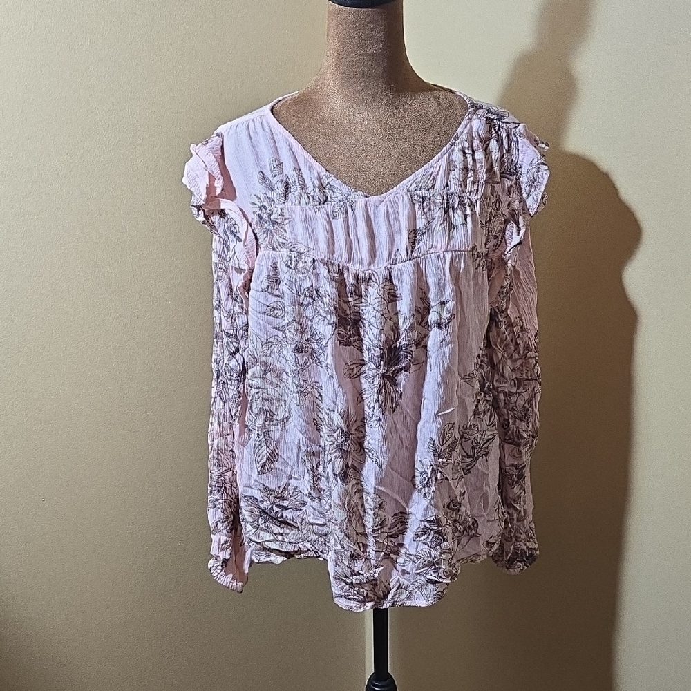 Maurices Pink Floral Ruffle V-Neck Blouse
